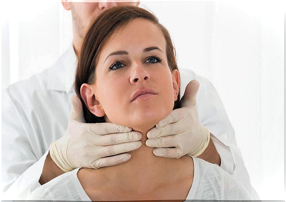 Doctors feel on the woman's neck