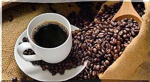 Coffee beans and a cup of coffee