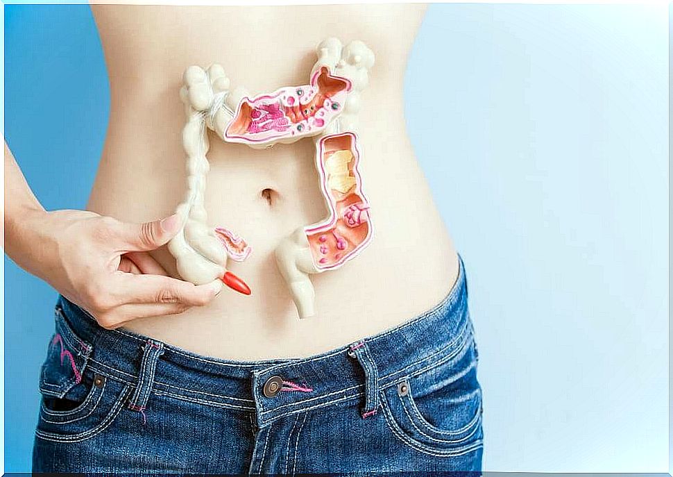 Person with plastic bowel in front of stomach