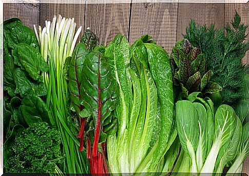 leafy vegetables on a wooden table