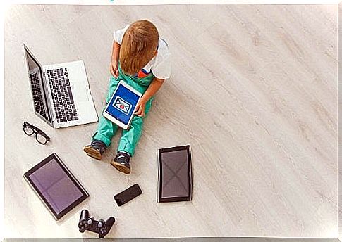 a child with many different devices