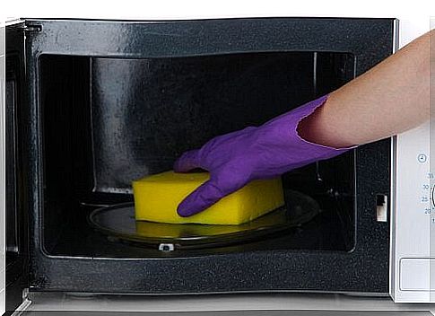 Person cleaning microwave with sponge - kitchen sponges