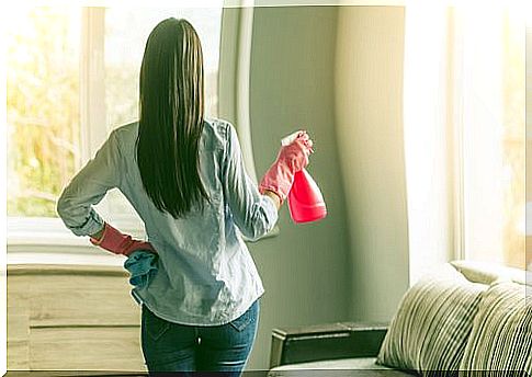 Woman cleans with pink spray bottle