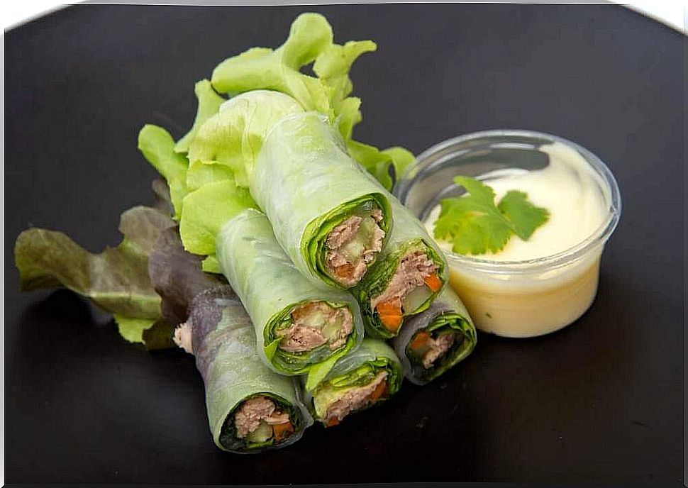 Three delicious salad wraps with vegetables and fruit